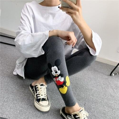 New Mickey Printed Womens Autumn Spring Wear Nine-Point Leggings Cotton Embroidery Cartoon Stretch Pants Leggings