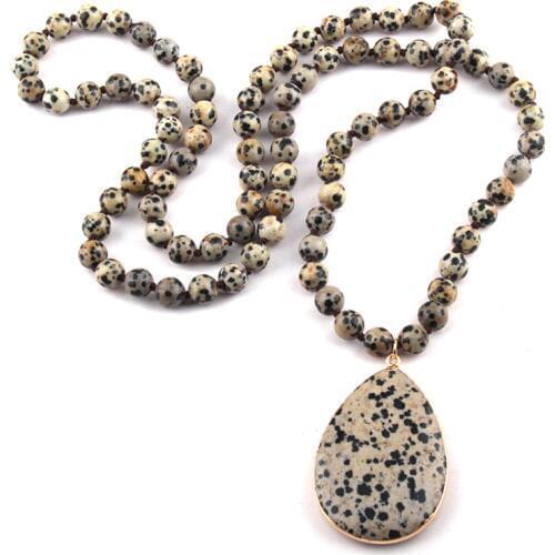Fashion Bohemian Jewelry Dalmatian Jasp Stone Knotted Matching Stone Drop Pendant Necklace