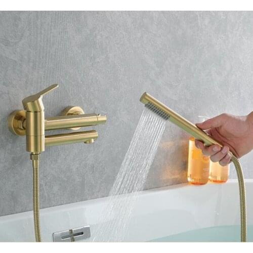 Bathroom Shower Faucet Set Wall Mounted Brass Bathtub Set Brush Gold Black Foldable Round Shower Tap