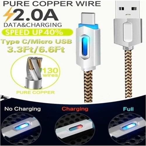 Nylon Braided Lights LED Micro USB Cable USB3.1 Sync Data Cable Type-C Fast Charging Cable Android For Samsung S9 S9 plus xiaomi