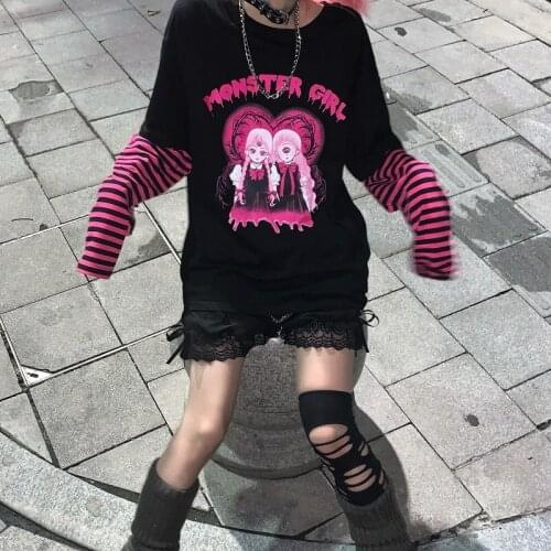 Punk style autumn new comic print stitching fake two-piece long-sleeved t-shirt