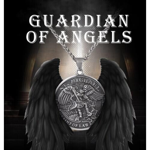 Saint Michael Archangel Angel Medal Coin Shape Pendant Necklace Stainless Steel Mens Jewelry Necklaces