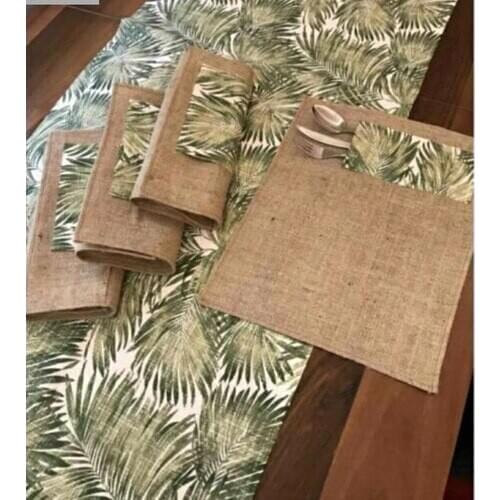 Palmiye Desenli Amerikan Servis Runner Takım Yeşil Bej Krem Hasır Görünümlü