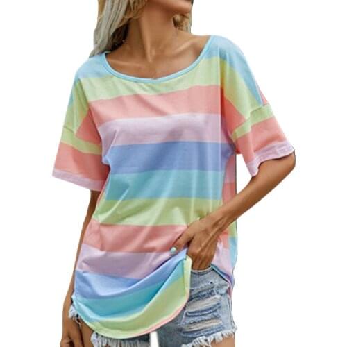 5xl Plus Size Stripe Tops For Women Blusas Mujer De Moda 2021 Summer Short Sleeve Striped O-neck Flowy Beach Shirt Casual Tops