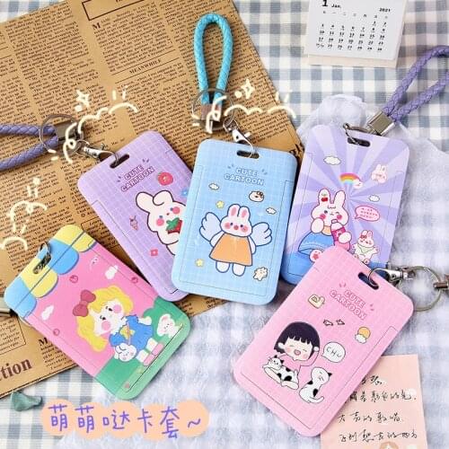 Portable Cute Card Holder Cartoon Rabbit Solid Plastic Badge Name Pass Business Card Cover with Leather Braided Rope Keychain