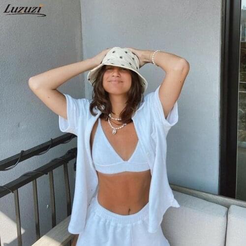 Luzuzi Casual Tracksuit Women Summer 2021 Two Piece Shorts Set Yellow Shirt Tops And Mini Loose Shorts Suit Fashion Lounge Wea