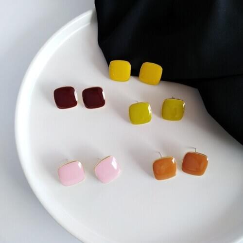 S925 needle Stud Earrings Multi Color Square Metal With Yellow Green Red Pink Shiny Enamel Earrings For Women Jewelry Gifts