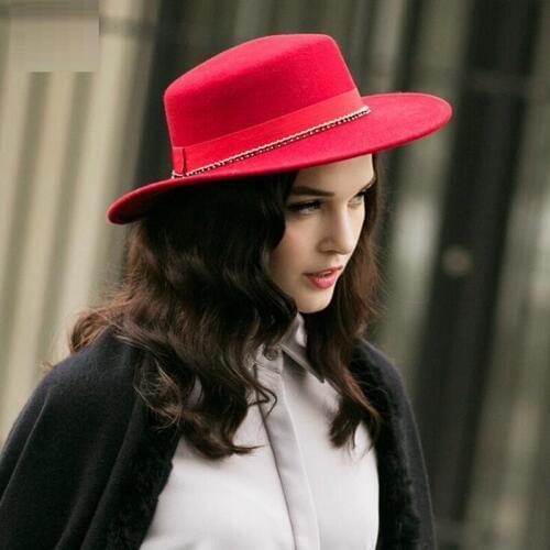 Female Autumn Winter Fedoras Hat Women British Warm Elegant Cap Ladies Flat-topped Wool Felt Outdoor Travel Party Hats H7093