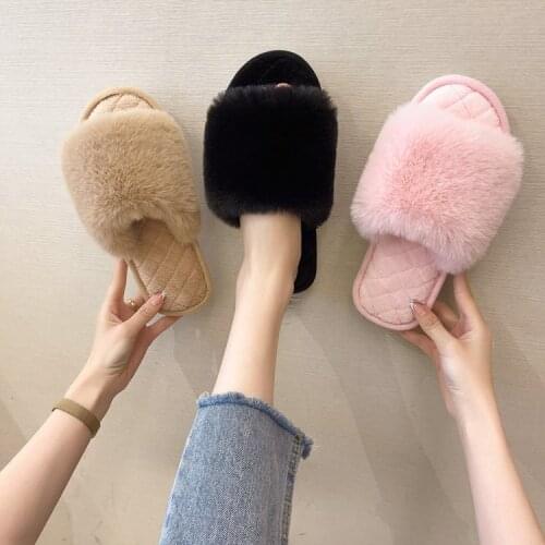 Warm Fluffy Slippers Women Cozy Faux Fur Cross Indoor Floor Slides Flat Soft Furry Shoes Ladies Female Celebrities Flip Flops