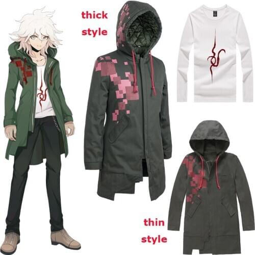 Danganronpa 2 Nagito Komaeda Cosplay Trench Coat Hoodie Army Green Color Long Hooded sweatshirt hoodie Jacket Halloween Costume