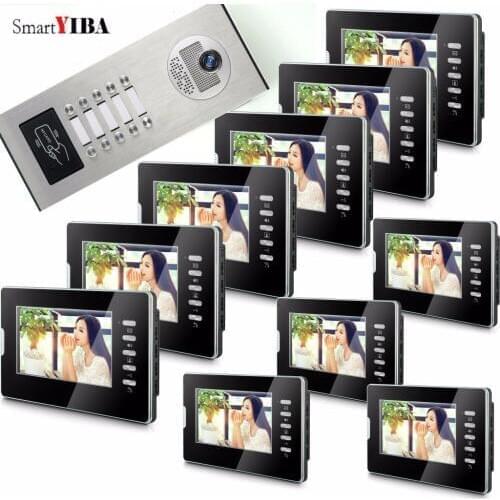 SmartYIBA Wired 7" Monitor Video Door Phone Intercom Doorbell System Night Vision RFID Access Doorbell Camera For 10 Apartment