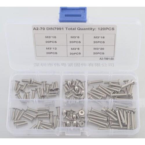 120pcs M3 mm flat head countersunk head grade 10.9 304 stainless steel Hex Socket Head Cap Screw DIN7991 Screws