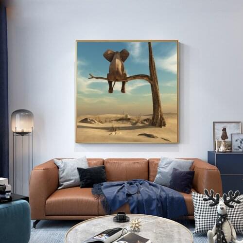 Funny Little Elephant on Tree Modern Canvas Painting Wall Art Animal Pictures Nordic Posters and Prints for Kids Room Home Decor