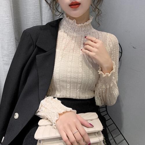 Blouse Women Womens Turtleneck Lace 2020 Exquisite Mesh Two-Piece Set Blusas Ropa De Mujer