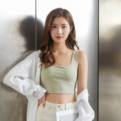 2021 Square Collar Padded Vest Womens Short Midriff-Baring Top Base Ride Bra Shoulder Straps Bra One-Piece Outer Wear