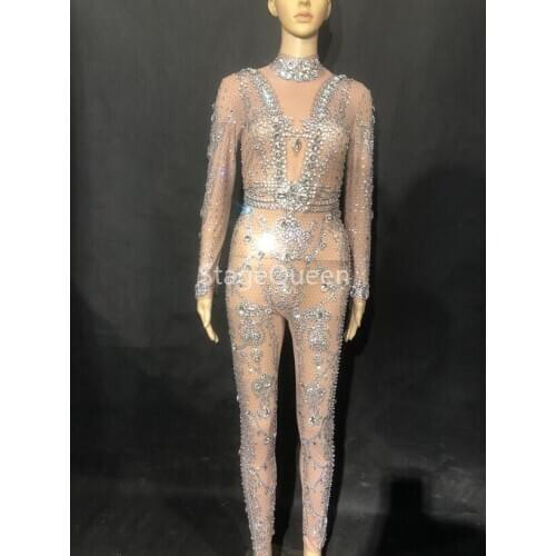 Women Sexy Stage Net Yarn Perspective Jumpsuit Silver Glass Sparkling Crystals White Pearls Nightclub Party Stage Wear Costumes