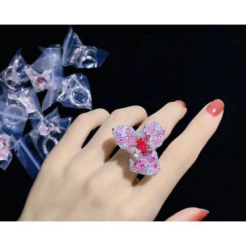 925 sterling silver with cubic zircon flower ring adjustable size pink color fine women jewelry cocktail ring free shipping