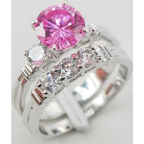Pink Crystal Zircon White Crystal Zircon Women 925 Sterling Silver Ring F835 Size 6 7 8 9 10