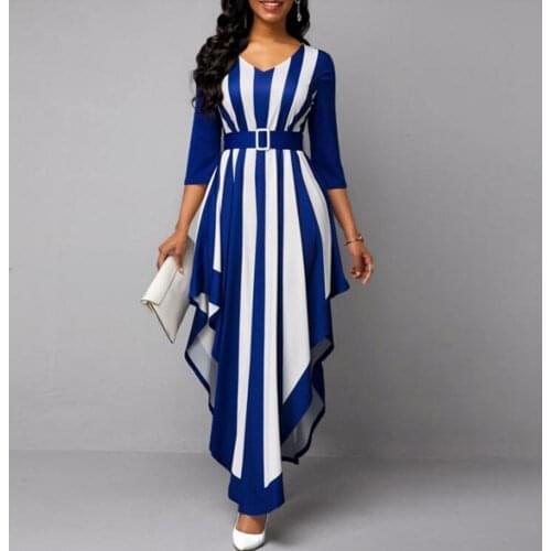 Women Dress 2021 Stripe Print Belt Dress Formal Dress Stripe Print V Neck Elegant 3/4 Sleeve Irregular Hem Dress for Wedding