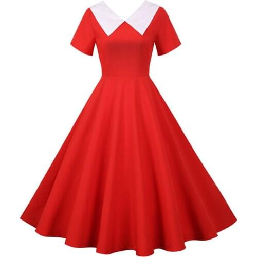 2021 Solid Color V Neck Pinup Girls 50S Summer Style Vintage Women Dresses Party Elegant Female Knee Length Flare Dress
