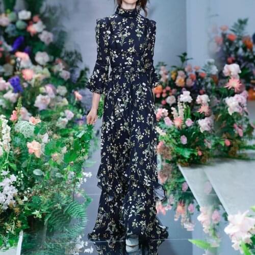Vintage Blue Floral Printed Long Dresses for Women 2021 Ladies Elegant Ruffles Long Sleeve Chiffon Maxi Dress Vestidos De Mujer