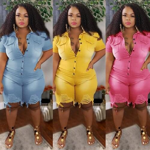 The 2021 Summer New Womens S-5XL Slim Hole Denim Jumpsuit Shorts Jean Shorts Women Summer