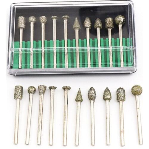 3mm Shank Rough Diamond Grinding Head Pneumatic Electric Rotary Tool Grinding Head Jade Agate Peeling Emery Carving Needle Set