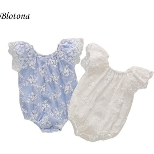 Blotona Toddler Baby Lace Decoration Bodysuit, Infants Flying Sleeve Romper, Round Collar Solid Color Summer Clothing 0-12Months