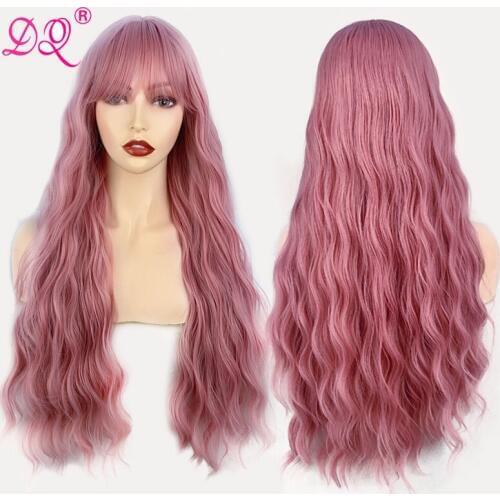 DQ Long Wave Wigs With Bangs Nature Kinky Synthetic Wig Heat Resistant Fiber For Black Women Cosplay Mix Pink Brown Gray Fuchsia