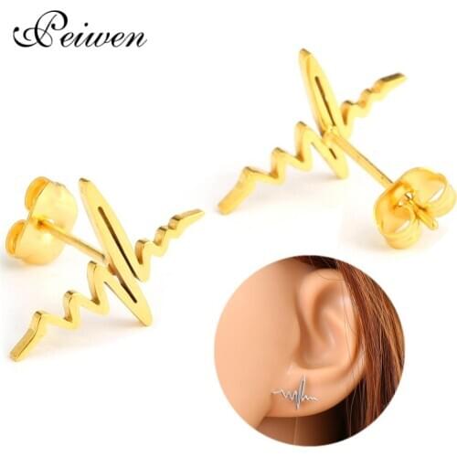 Stainless Steel Heartbeat Stud Earrings For Women Rose Gold Silver Color Simple Letter Costume Medical Fashion Jewelery Earrings