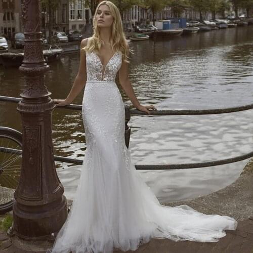 Lace Wedding Dress Mermaid Illusion Bodice vestido de noiva Sleeveless V Neck Appliques Bridal Gowns 2021 Hot Sale