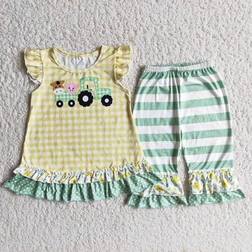 Boutique Girl Fashion Farm Style Clothes Toddlers Flutter Sleeve Top And Stripes Capris 2Pieces Set With Truck Pattern