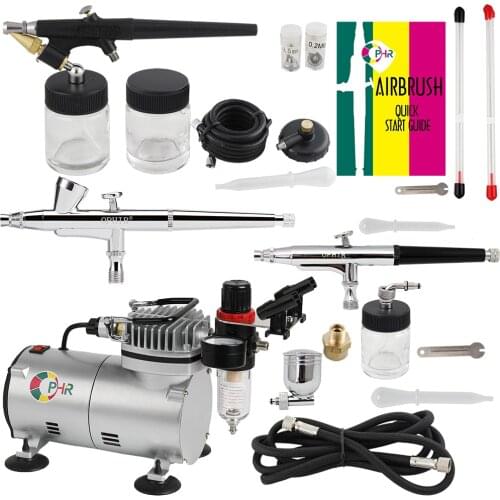 OPHIR PRO Double Action Air Brush Gun & Single-Action Airbrush Kit with Air Compressor for Nail Makeup Cake Model _AC089+071-074
