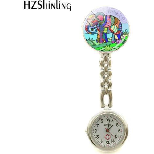 2018 New Colorful Art Elephant Nurses Watch Animal Paintings Nurse Watches Glass Handmade Jewelry Round Watch Clip-on