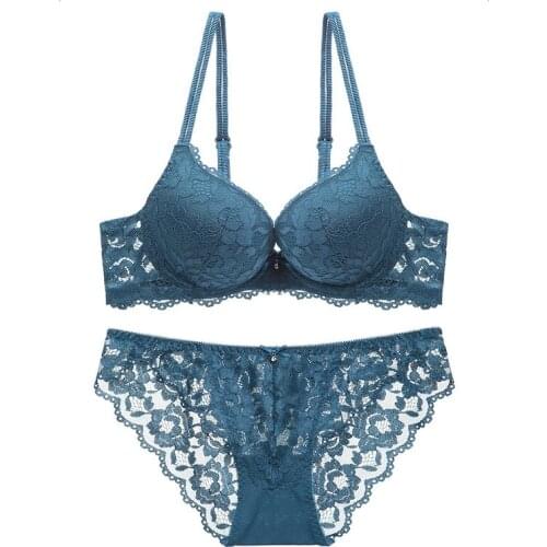 New fashion Blue push up bra set deep v brassiere thick lingerie set lace sexy women underwear set cotton comfortable B C cup