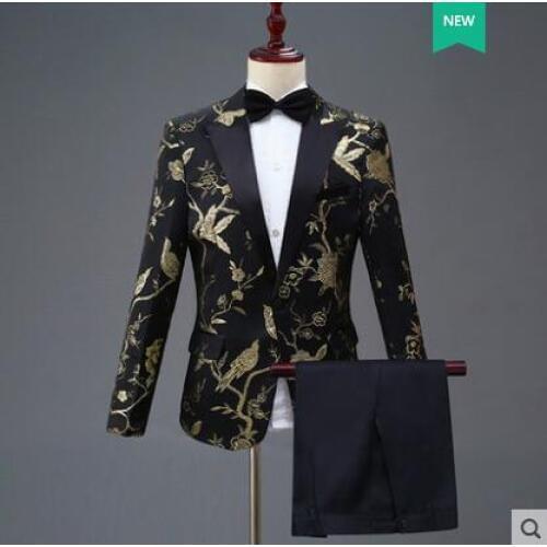 Singer star style black stage flower clothing for men groom suit set with pants mens embroidery suits mens formal dress tie
