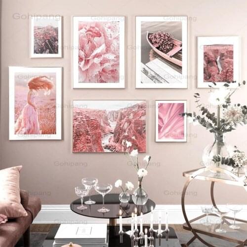 Landscape Wall Art Canvas Painting Pink Peony Mountain Ferry Girl Nordic Posters And Prints Wall Pictures For Living Room Decor