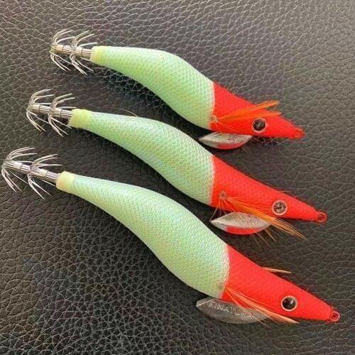 8pcs Wood Shrimp Squid Fishing Bait 2.5# 3.0# 3.5# Hook Wooden Shrimp Squid Jigs Sea Fishing Lures Wobbler