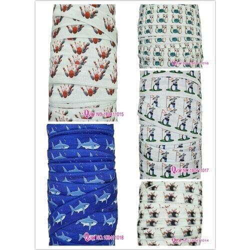 Q&N wholesale/OEM 5/8inch 16mm bowing&golf&shark printed folded over elastic FOE for hairbows hair tie free shipping