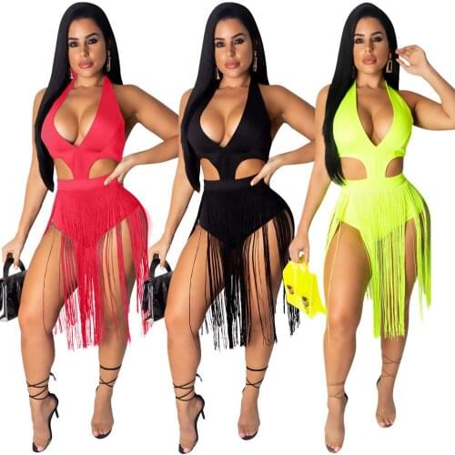 Sexy Cut Out Beach Bodysuit Tassels V Neck Open Back Bangdage Short Jumpsuit A-line Bodycon Club Rompers Women Summer Playsuit
