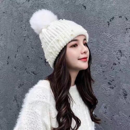 New Wool Beanies Women Real Natural Fur Pom Poms Fashion Pearl Knitted Hat Girls Female Beanie Cap Pompom Winter Hats for Women