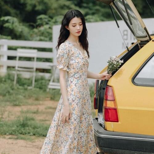 Chiffon Floral Cottagecore Harajuku Dress Women 2021 New Oversize Summer Gentle Wind Fairy Bubble Sleeve French Long Skirt Thin