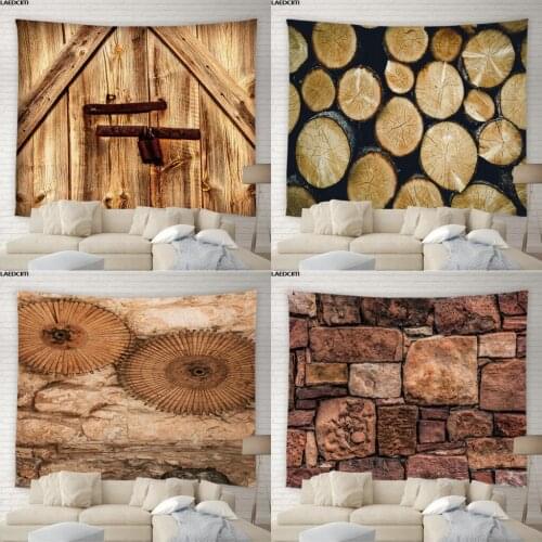 Vintage Old Wooden Tapestry Stone Brick Geometric Plank Country Farmhouse Background Wall Hanging Bedroom Curtains Home Decor