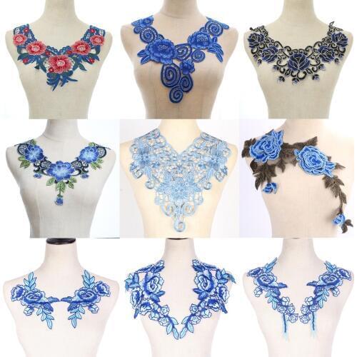 Blue Flower Sequin Body Embroidery Neckline Lace Applique Trimmings Collar for Evening Dress Sewing DIY Scrapbooking
