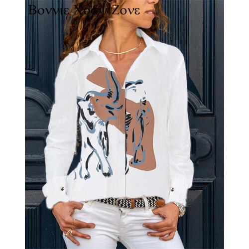 Women Turn-down Collar Abstract Figure Print Long Sleeve Button-up Blouse