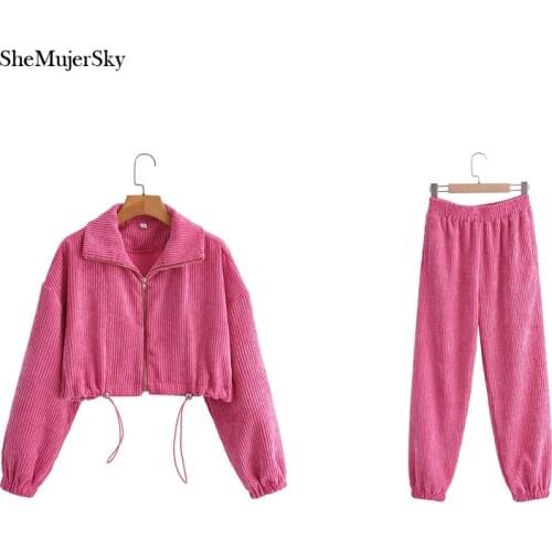SheMujerSky Women Turn-down Collar Corduroy Coat And Pink Long Pants Matching Set 2021 Autumn Winter Zipper Cropped Jackets