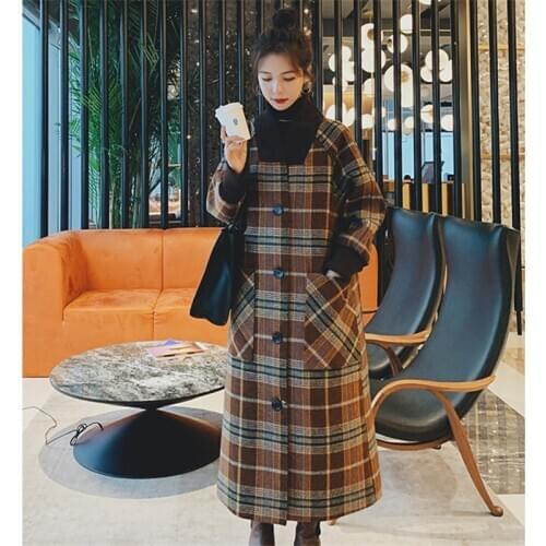 Autumn Winter Womne Single Breasted Plus Size Long Plaid Woolen Trench Coat Ladies Elegant Korean Loose Windbreaker Overcoat