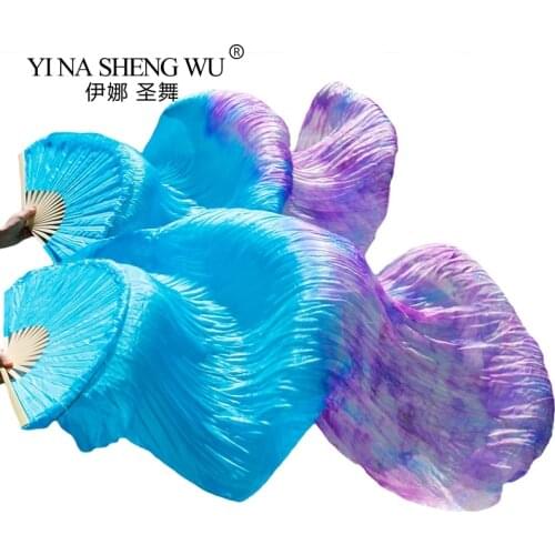 100% Silk 1 Pair Belly Dance Fans Bamboo Ribs Silk Long Fans Handmade Dyed Dance Fans Dance Practice Stage Performance Props Fan