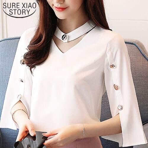 2019 Ladies Tops Chiffon Blouse Women Blouse Beading Solid White Shirt Blouse Clothes Harajuku Three Quarter V-Neck 2994 50