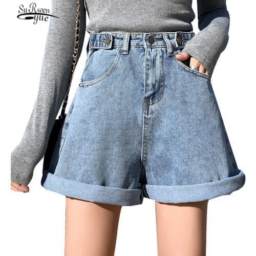 2021 Summer Womens Denim Shorts Casual High Waist Ladies Jeans for Women Vintage Wide Leg Shorts Pants Spodenki Damskie 9519